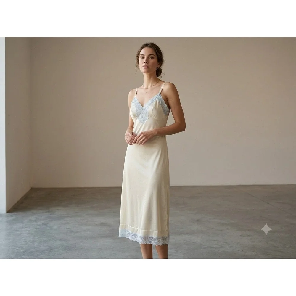VTG 70s Montgomery Ward Full Slip Dress Size 34 Beige Feminine Romantic Glam